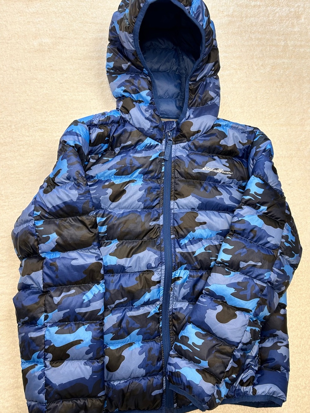 Eddie Bauer Kids M 10/12 Blue Camo Down Hooded Puffer Jacket - Picture 6 of 10